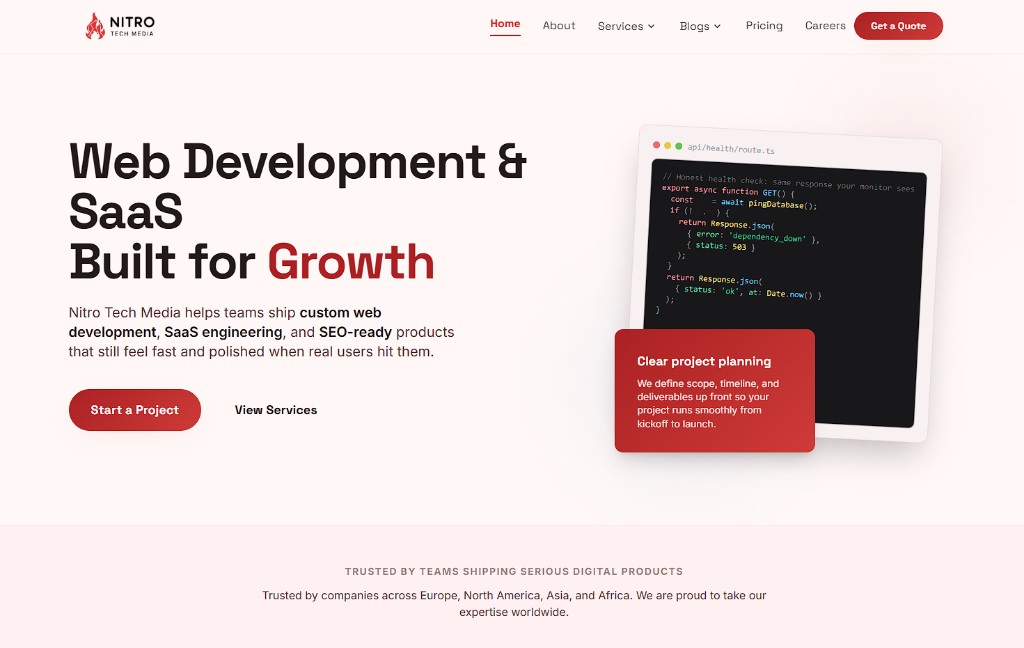 Nitro Tech Media homepage: hero with Web Development and SaaS headline, code panel, and clear project planning CTA