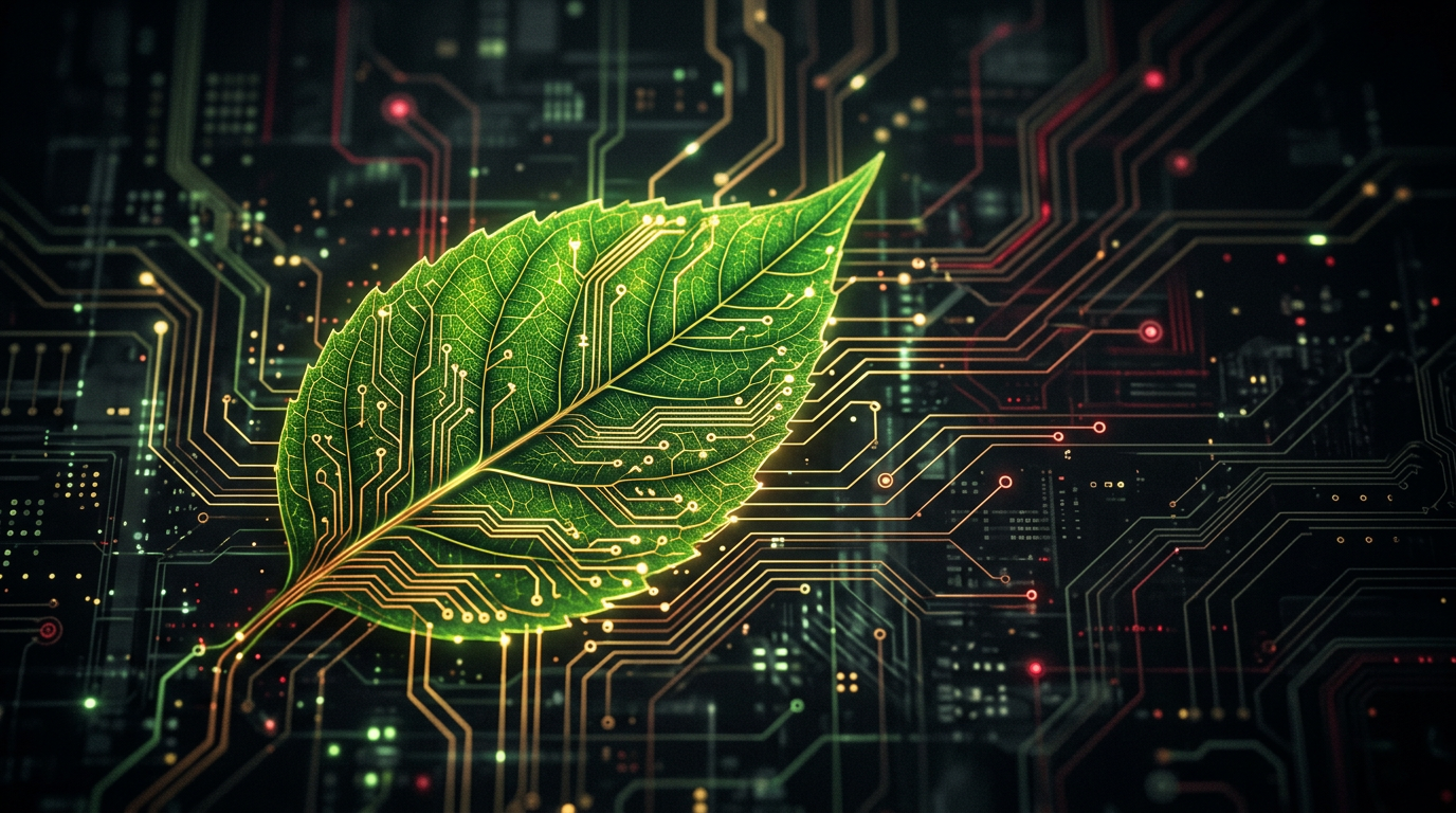 Leaf and circuit motif suggesting efficient green hosting and fast page loads