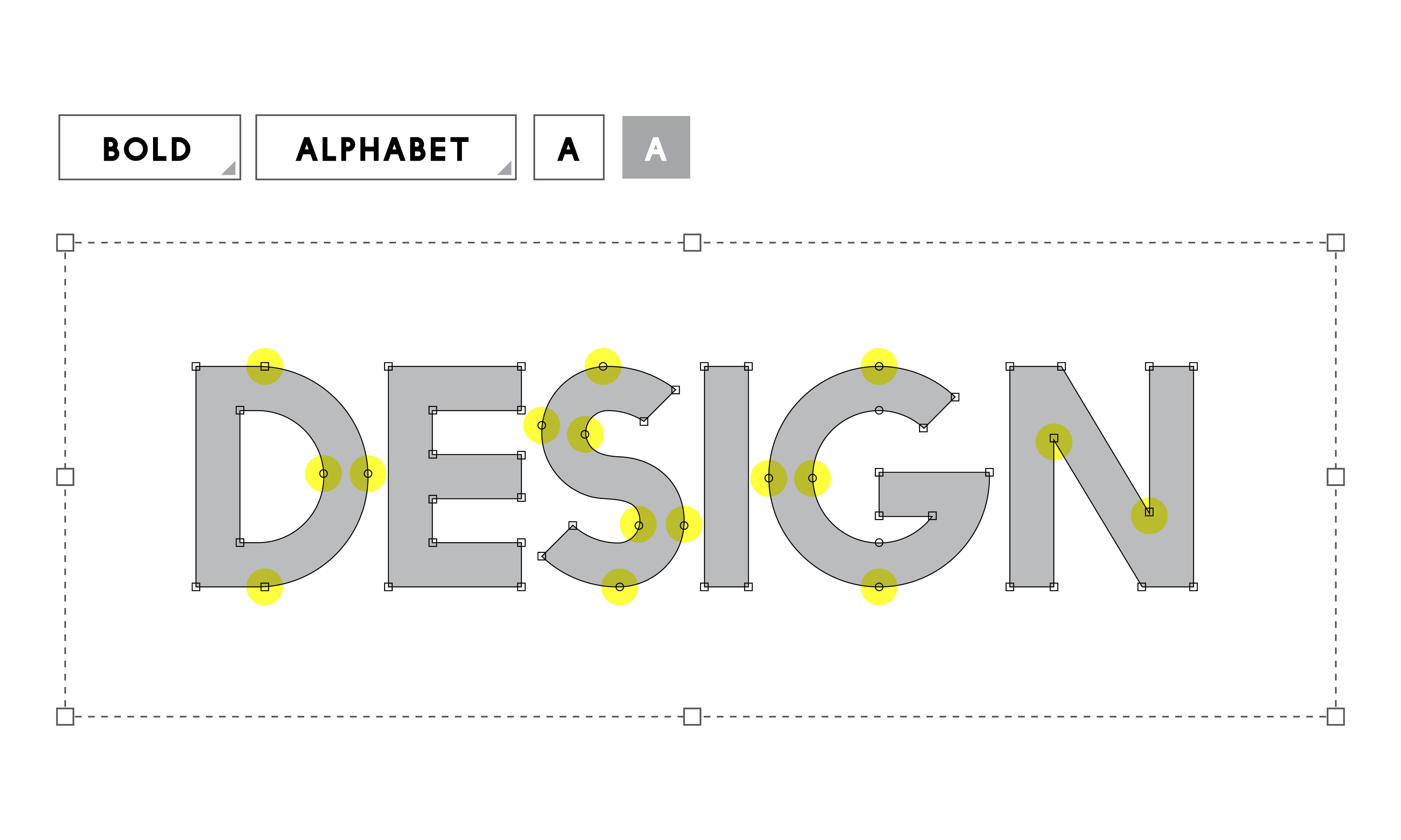 Vector typography illustration with DESIGN word, anchor points, and editing controls
