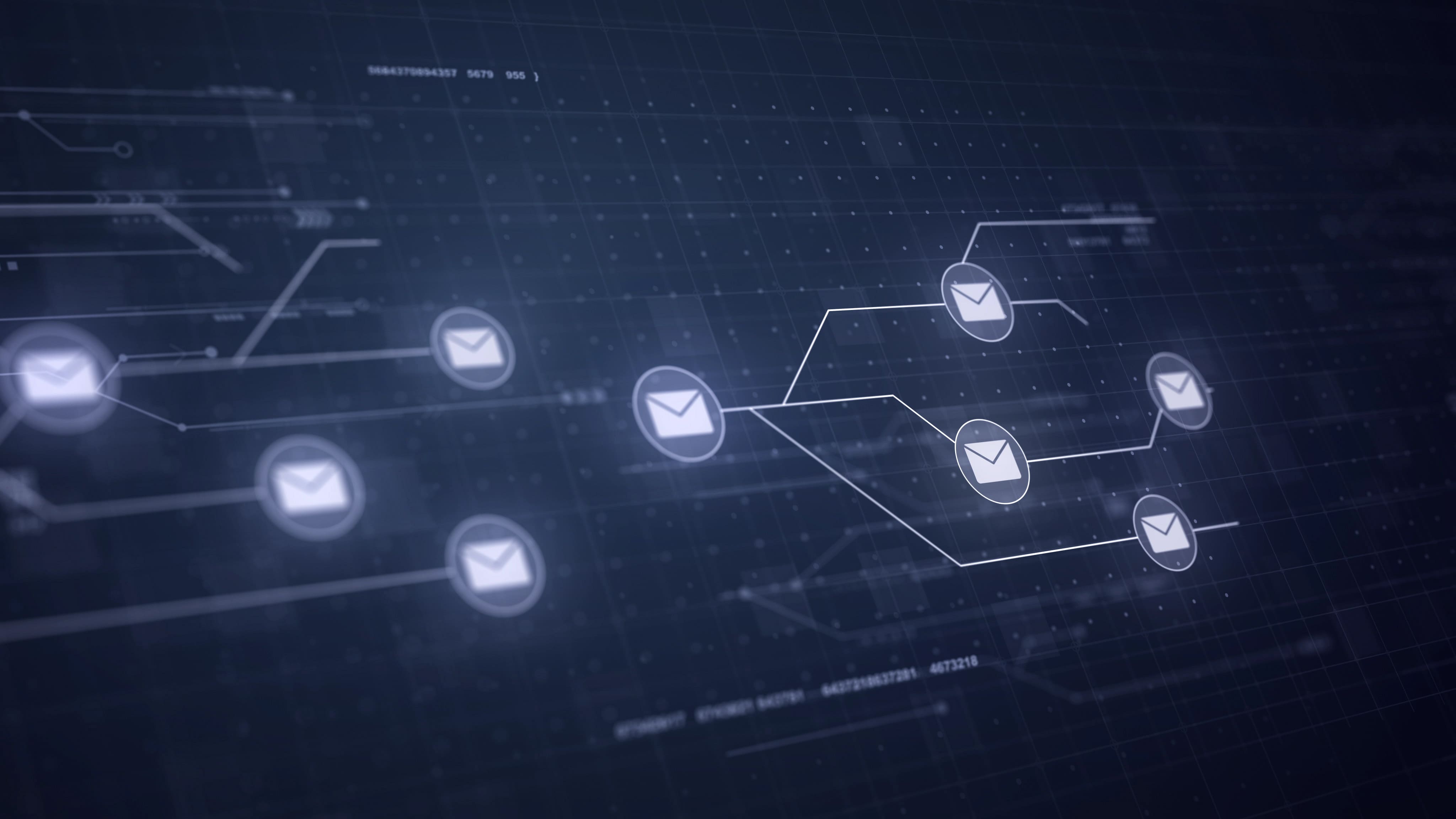 Email automation concept: connected envelopes in a glowing network on a dark tech background