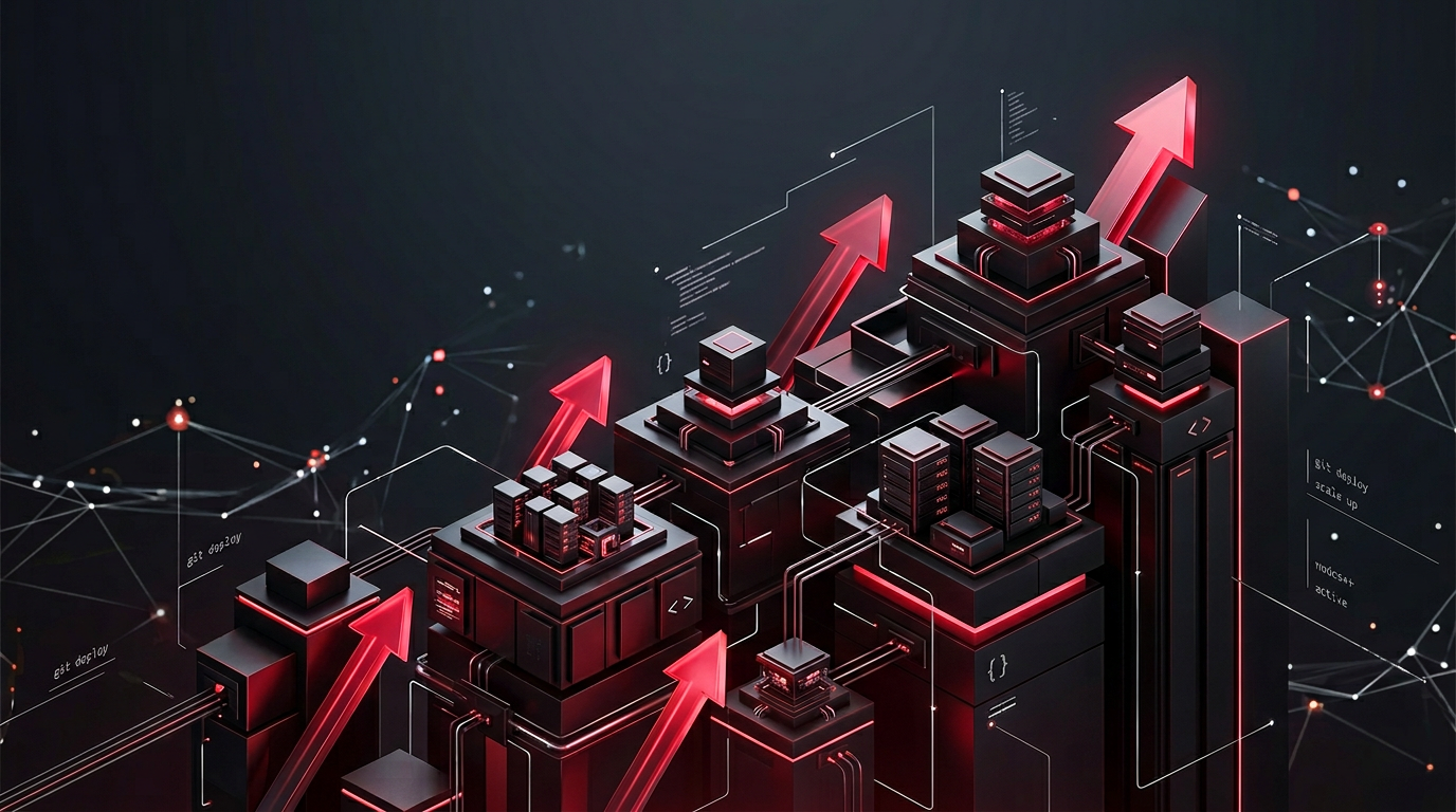 Abstract scalable cloud and infrastructure illustration with crimson accent lighting, representing engineering-led delivery and a modern stack