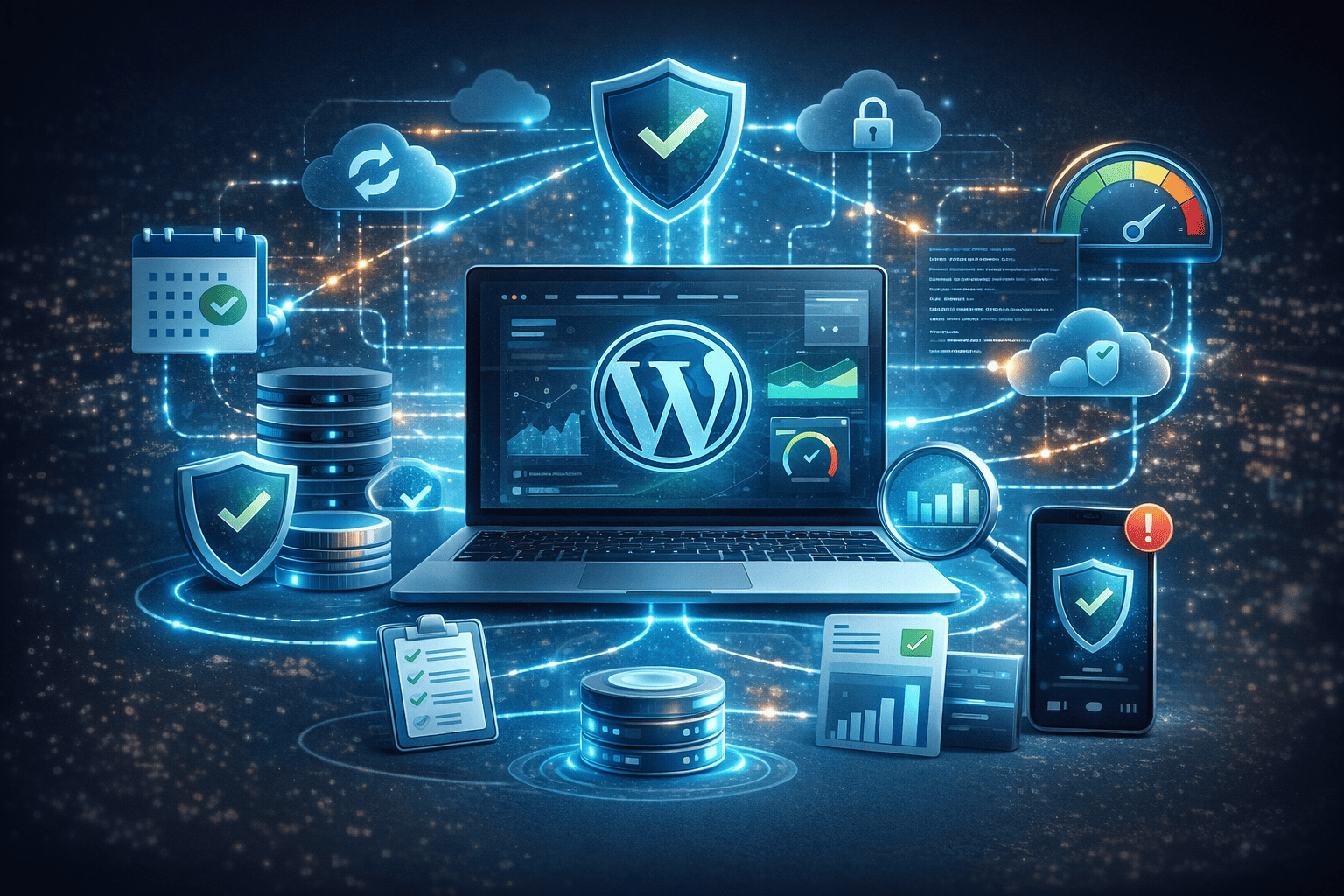 WordPress site health: laptop dashboard with security shields, monitoring, and cloud maintenance