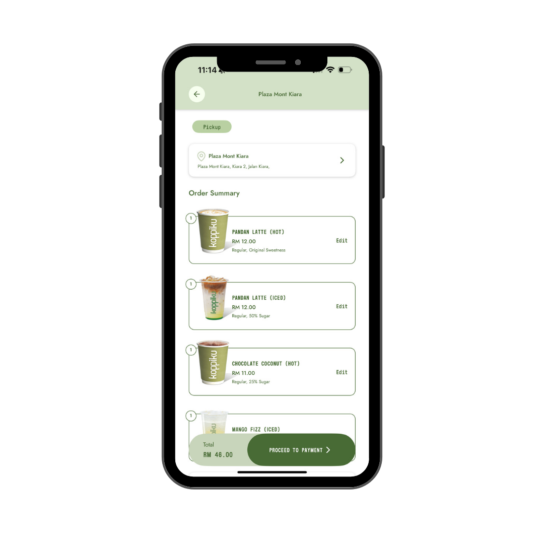 Smartphone showing a mobile ordering app with order summary and checkout