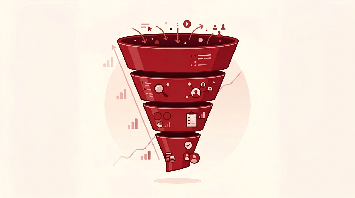 Illustration of a conversion funnel with stages narrowing toward a goal, in brand crimson on a warm cream background