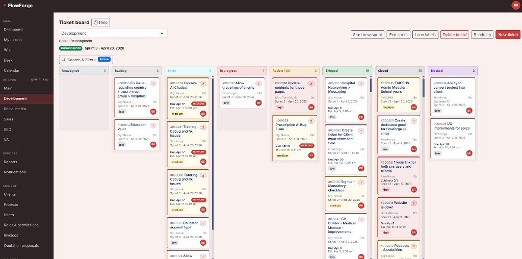 FlowForge ticket board with Kanban lanes and sprint controls
